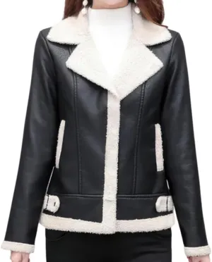 Women’s Black Bomber Genuine Sheepskin Sherpa Shearling Faux Fur Lined Winter Warm Fashion Chic Slim Fit Leather Jacket