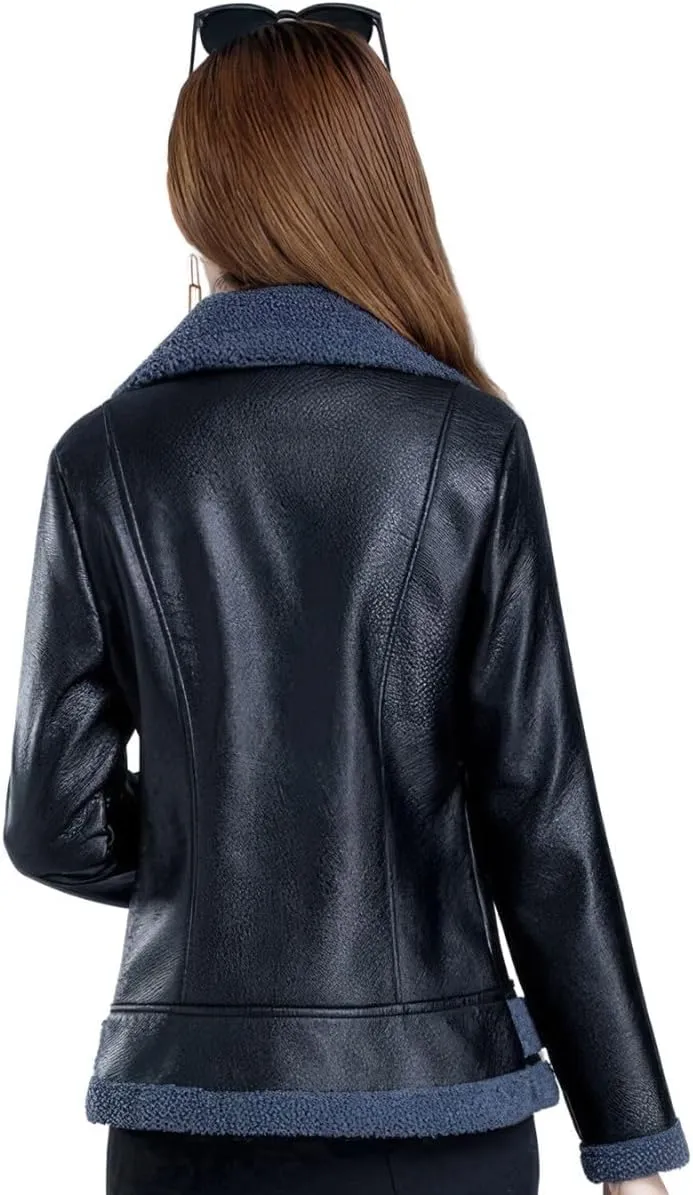 Women’s Black Bomber Genuine Sheepskin Sherpa Shearling Faux Fur Lined Winter Warm Fashion Chic Slim Fit Leather Jacket
