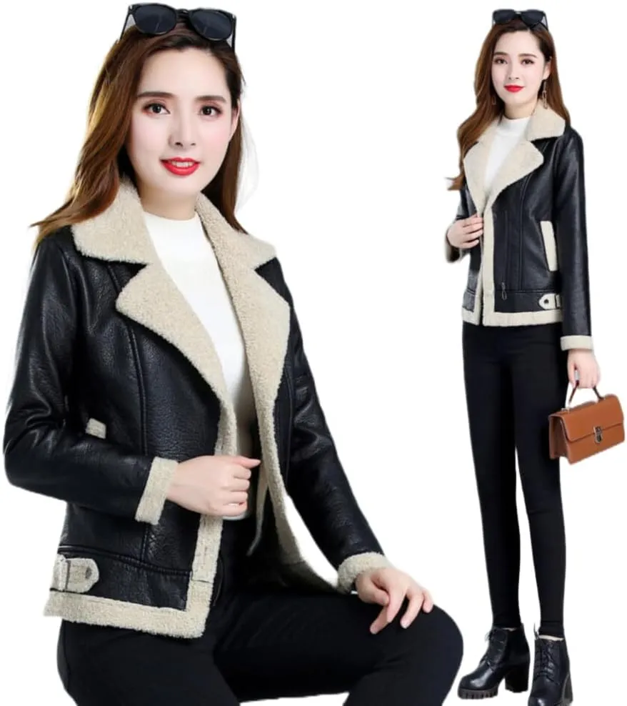 Women’s Black Bomber Genuine Sheepskin Sherpa Shearling Faux Fur Lined Winter Warm Fashion Chic Slim Fit Leather Jacket