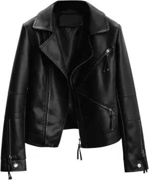 Womens Black Genuine Sheepskin Lapel Collar Moto Biker Casual Classic Streetwear Smooth Asymmetric Leather Jacket
