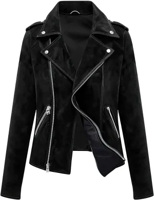 Women's Black Suede Leather Jacket - Asymmetric Zipper, Lapel Collar, Casual Motorbike Outerwear
