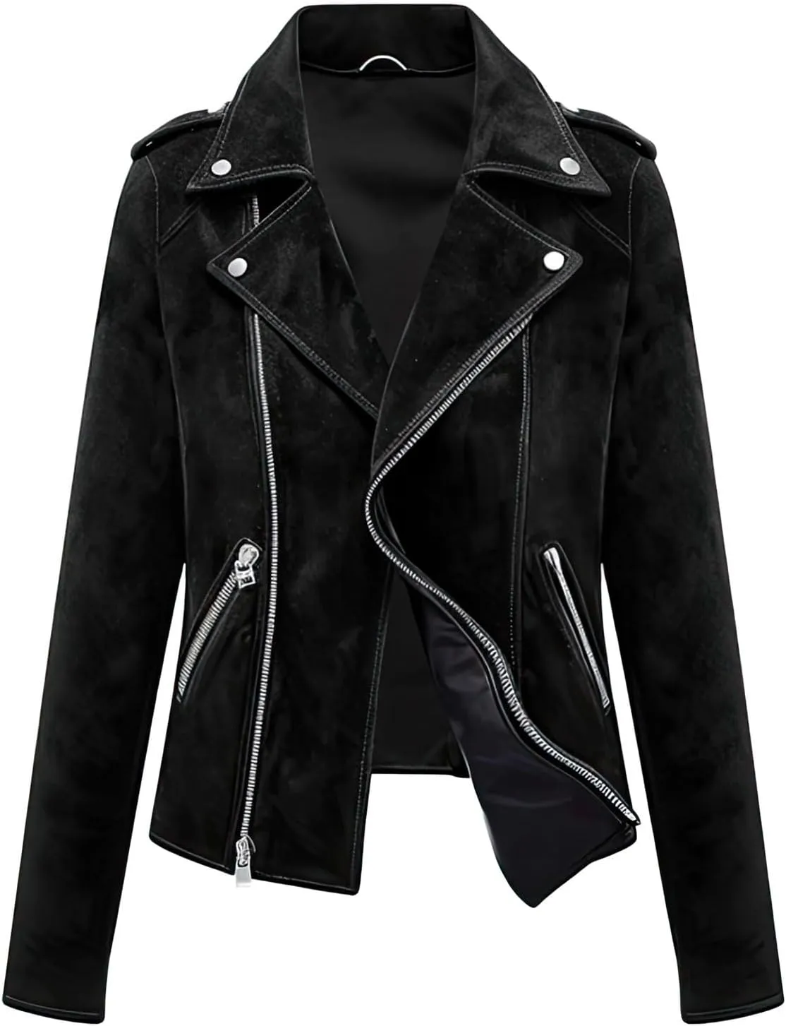 Women's Black Suede Leather Jacket - Asymmetric Zipper, Lapel Collar, Casual Motorbike Outerwear