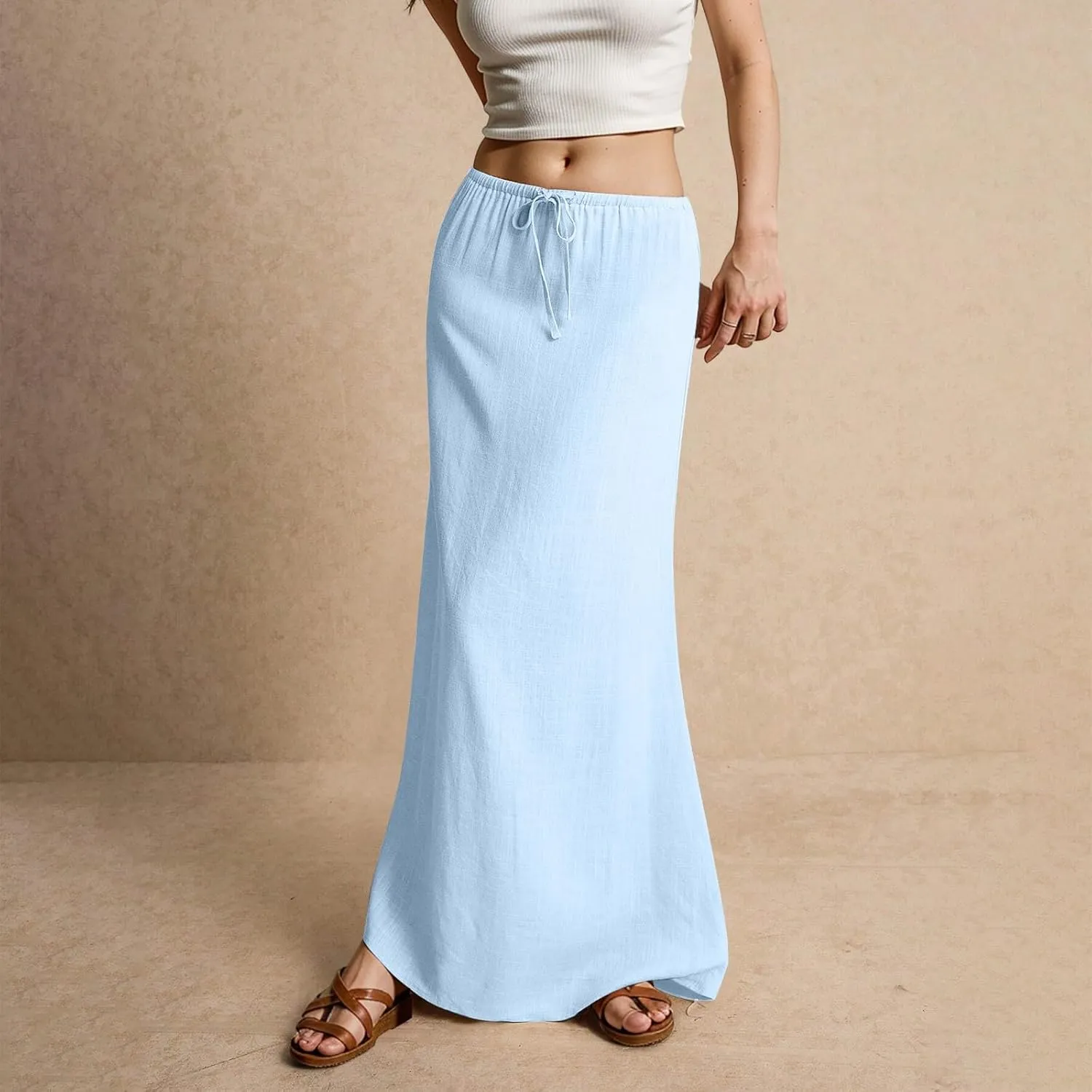 Women's Boho Skirts Summer Casual Loose Trendy Drawstring Solid Color Long Maxi Beach Sun Skirt, S-2XL