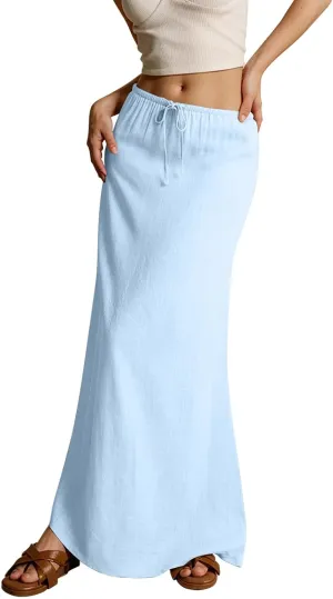 Women's Boho Skirts Summer Casual Loose Trendy Drawstring Solid Color Long Maxi Beach Sun Skirt, S-2XL