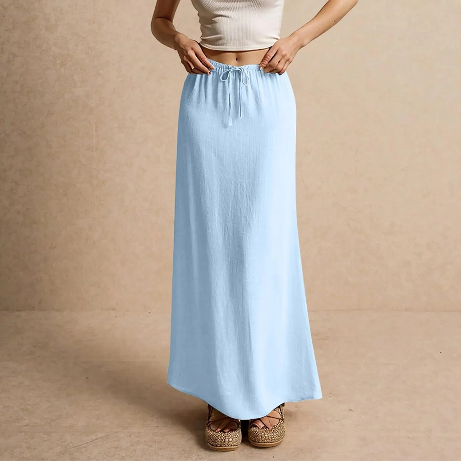 Women's Boho Skirts Summer Casual Loose Trendy Drawstring Solid Color Long Maxi Beach Sun Skirt, S-2XL