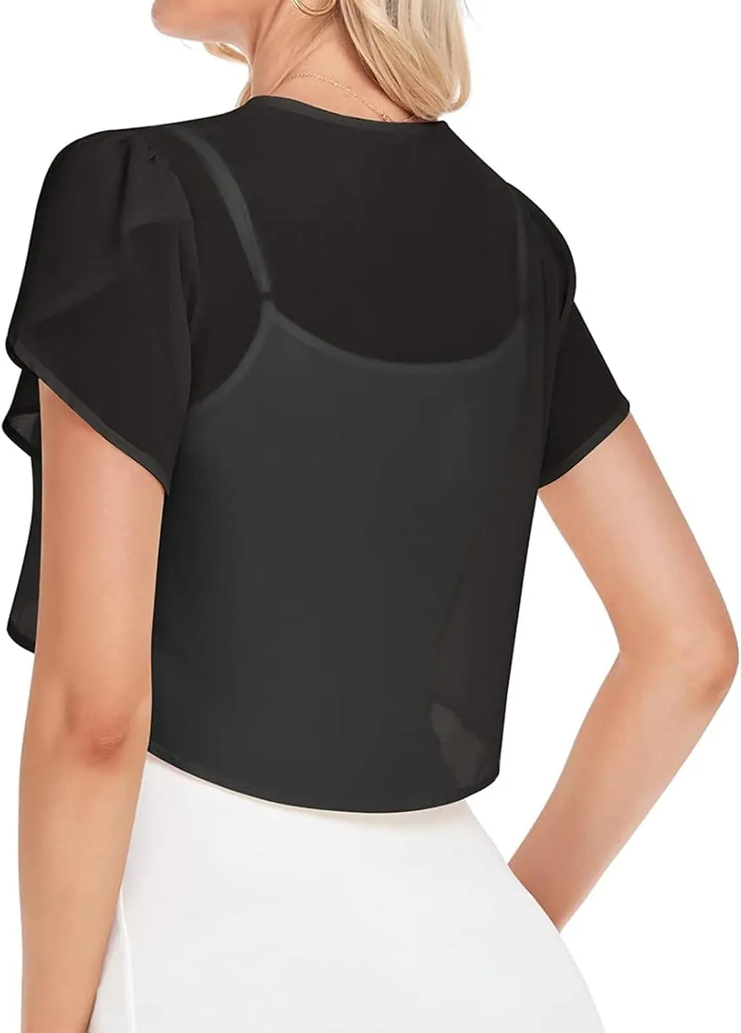 Womens Bolero Shrugs for Summer Dress Puff Short Sleeve Cropped Open Front Sheer Shawl Lightweight Chiffon Cardigans