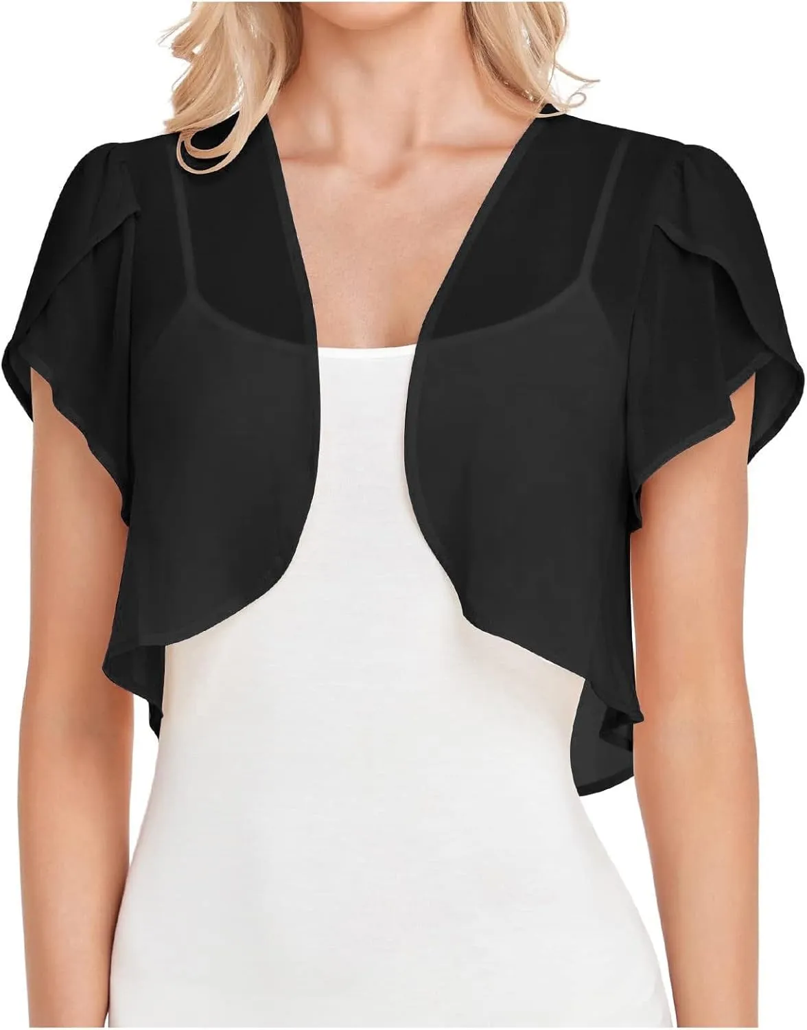 Womens Bolero Shrugs for Summer Dress Puff Short Sleeve Cropped Open Front Sheer Shawl Lightweight Chiffon Cardigans
