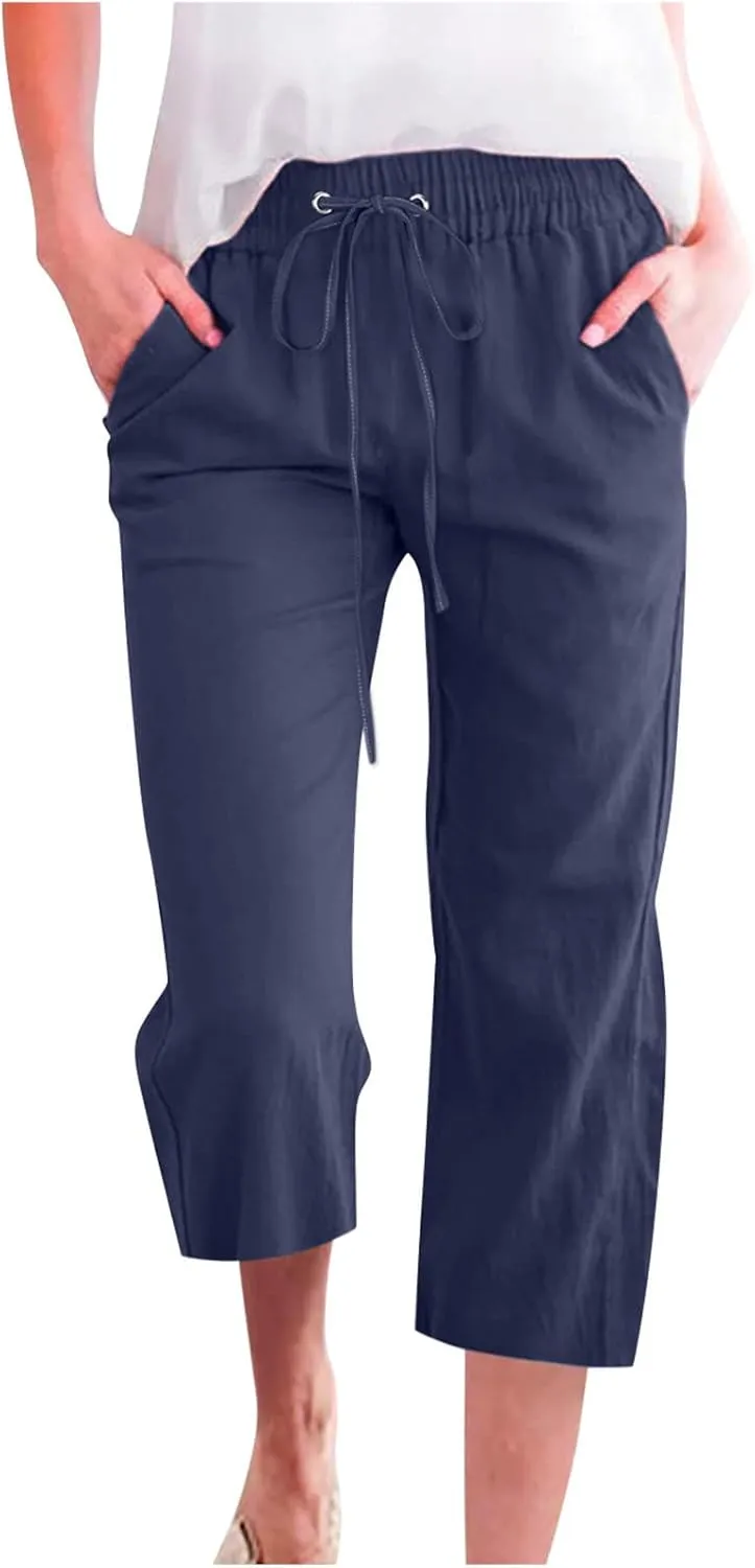 Womens Capri Pants Plus Size Summer Casual Pants High Waist Straight Wide Leg Pants Drawstring Linen Cropped Trouser