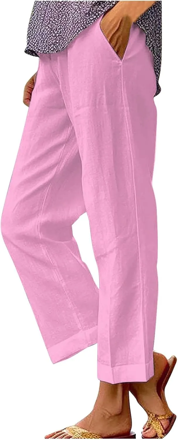 Womens Casual Boho Linen Pants Floral Cotton Linen Casual Pants Drawstring Linen Pants Women Women's Cotton Linen