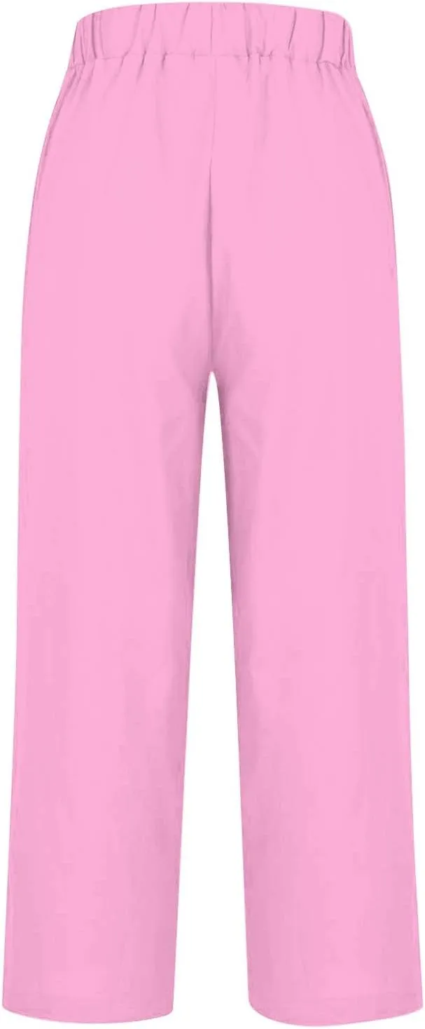 Womens Casual Boho Linen Pants Floral Cotton Linen Casual Pants Drawstring Linen Pants Women Women's Cotton Linen