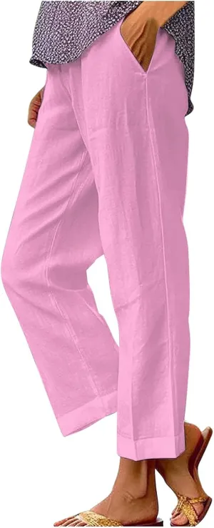 Womens Casual Boho Linen Pants Floral Cotton Linen Casual Pants Drawstring Linen Pants Women Women's Cotton Linen