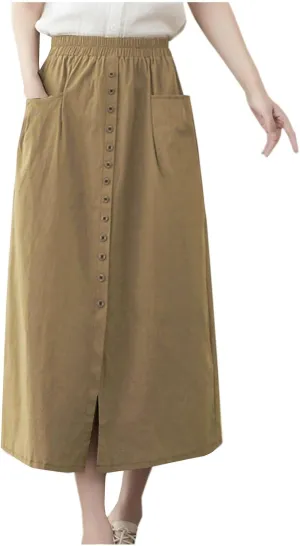 Women's Casual Button Long Skirt High Waist Pleated Solid Color Front Slit Skirt Summer Trendy Skirts with Pockets