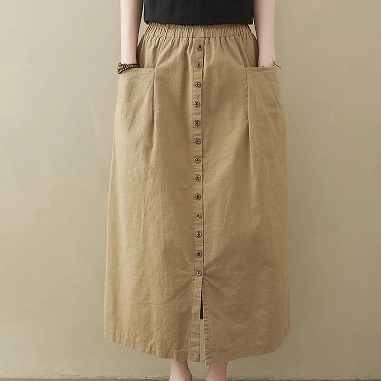 Women's Casual Button Long Skirt High Waist Pleated Solid Color Front Slit Skirt Summer Trendy Skirts with Pockets