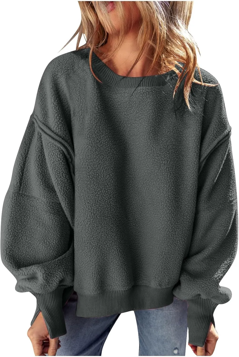 Womens Casual Crewneck Sweatshirt Fleece Long Sleeve Tops Oversized Pullover Winter Fashion Outfits Clothes 2024