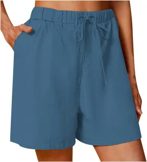 Womens Casual Shorts Summer Elastic Waist Shorts Trendy Comfy Cotton Linen Shorts Wide Leg Beach Shorts with Pocket