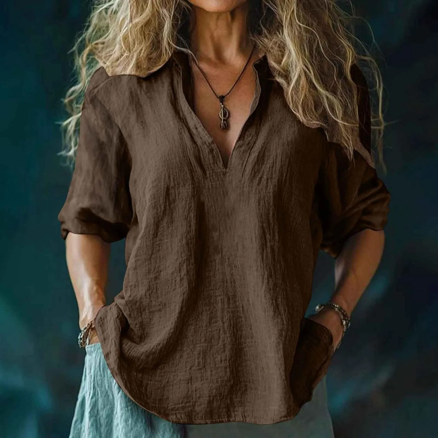 Womens Cotton Linen 3/4 Sleeve Tops Summer Notch V-Neck Tshirts Ladies Vintage Casual Blouse Dressy Loose Basic Tee