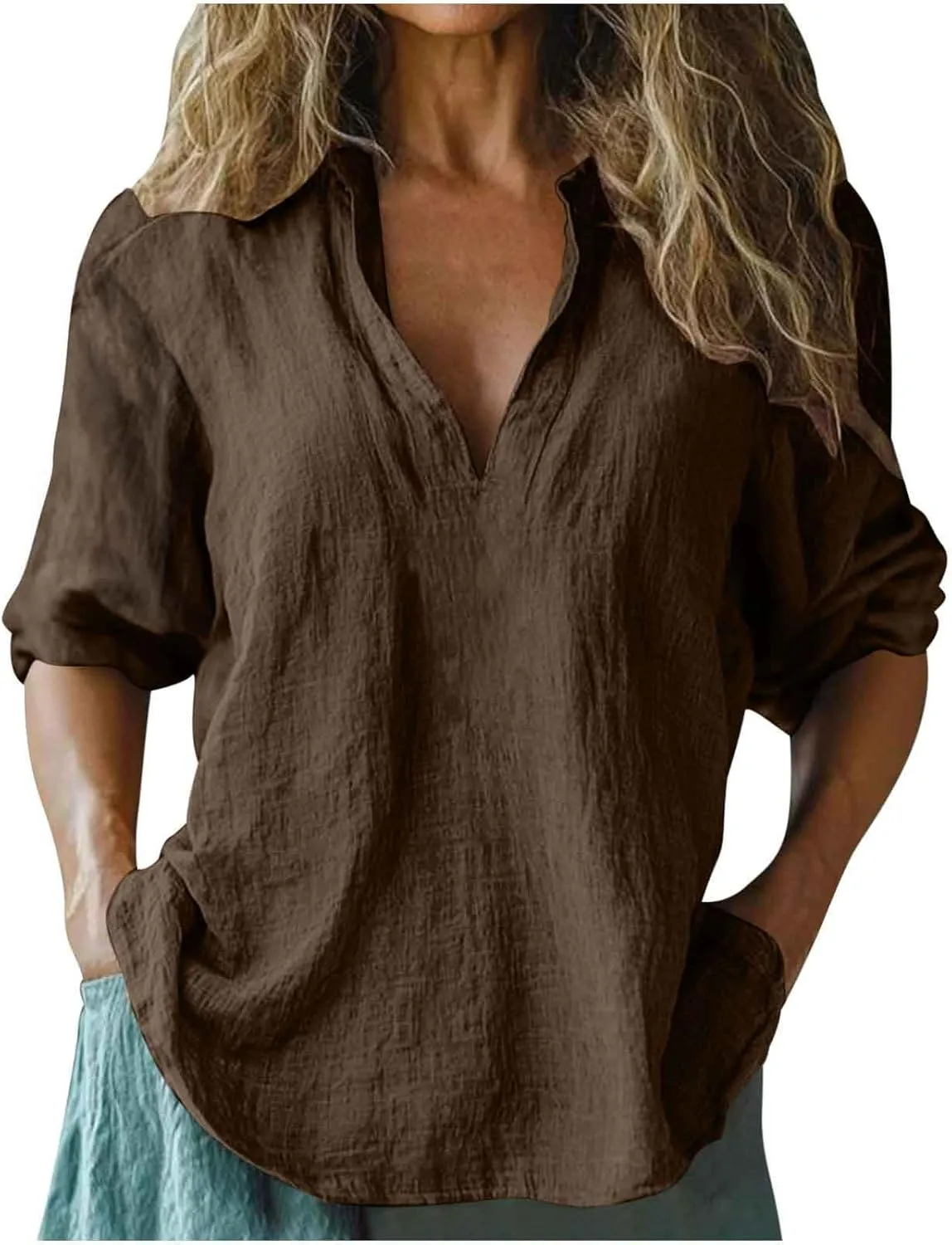 Womens Cotton Linen 3/4 Sleeve Tops Summer Notch V-Neck Tshirts Ladies Vintage Casual Blouse Dressy Loose Basic Tee