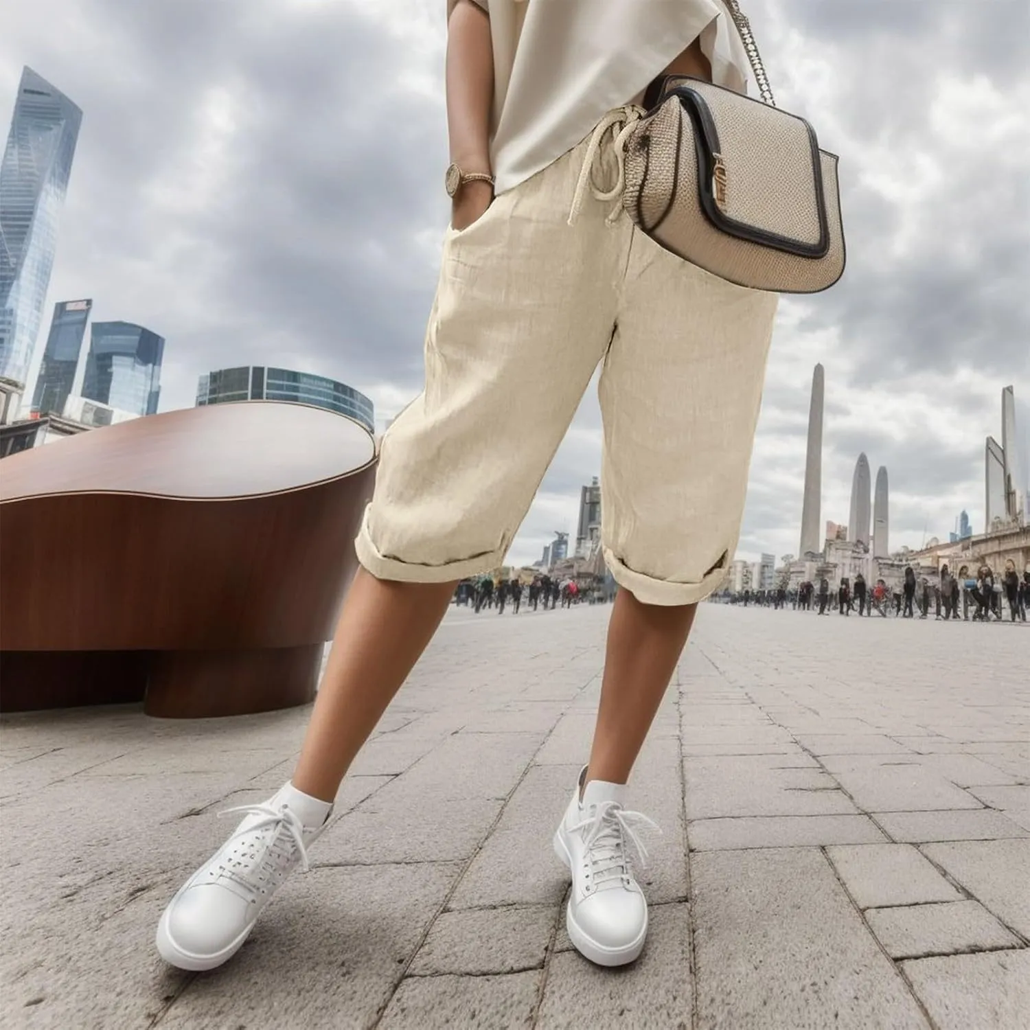 Women's Cotton Linen Bermuda Shorts,Linen Shorts for Women Knee Length Shorts Elastic Waist Summer Casual Shorts