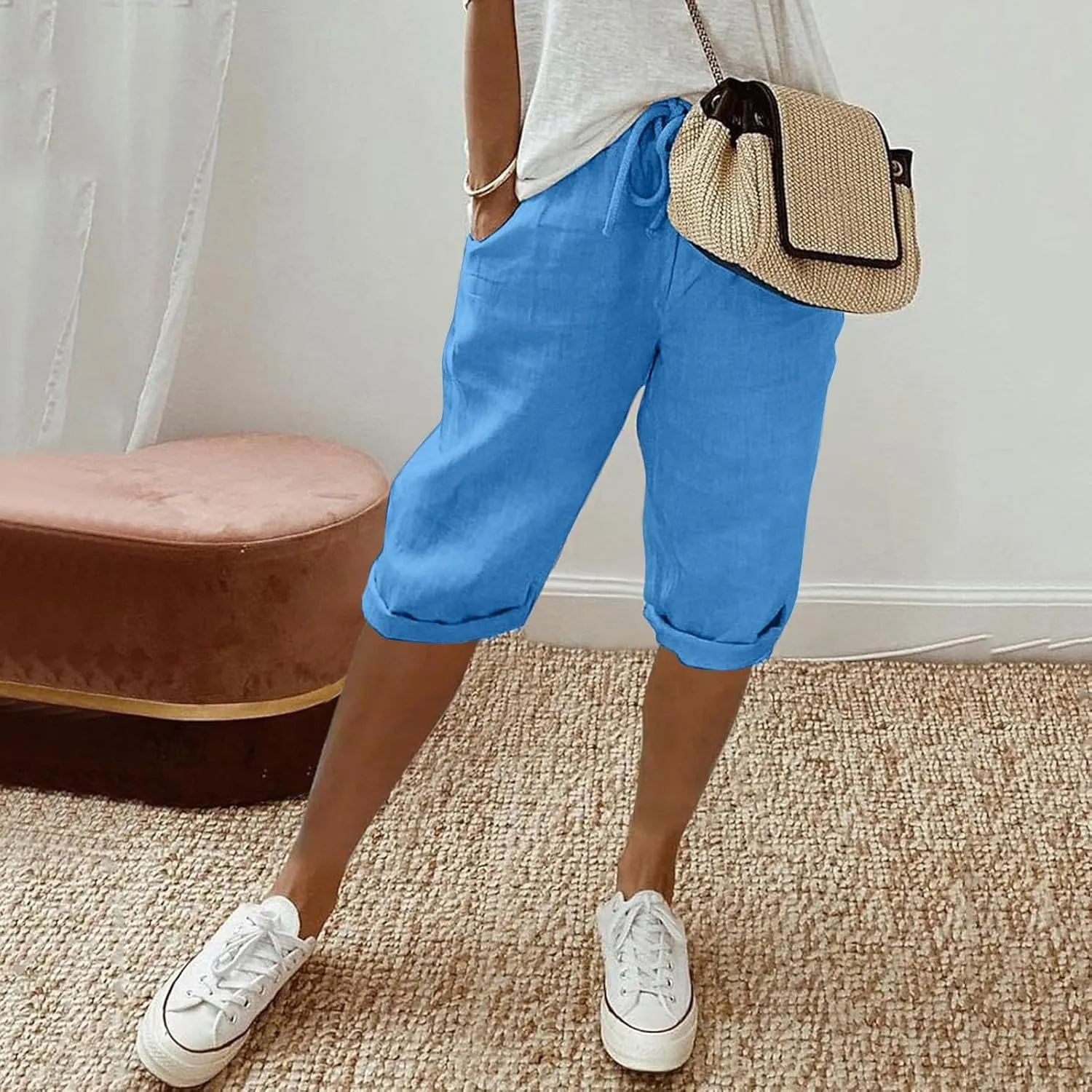 Women's Cotton Linen Bermuda Shorts,Linen Shorts for Women Knee Length Shorts Elastic Waist Summer Casual Shorts