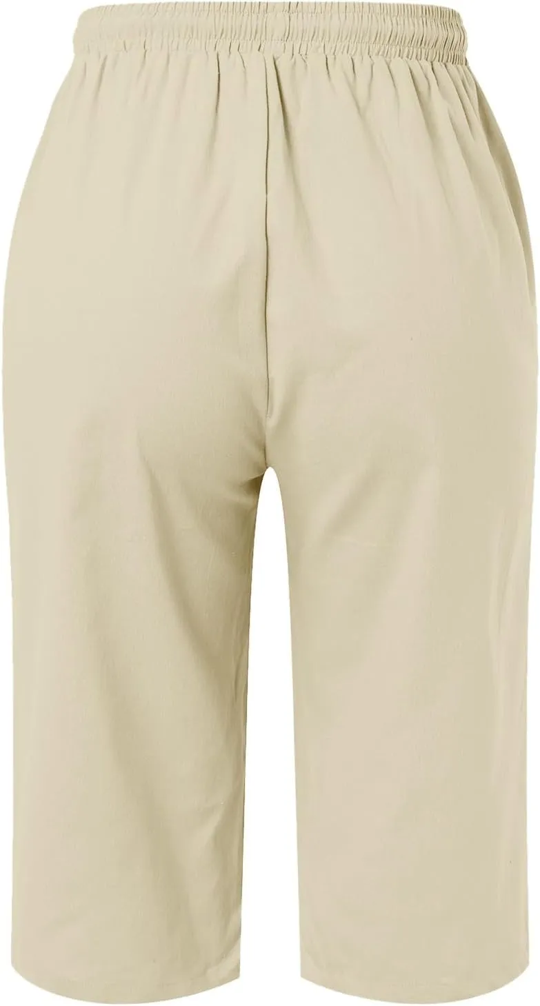 Women's Cotton Linen Bermuda Shorts,Linen Shorts for Women Knee Length Shorts Elastic Waist Summer Casual Shorts