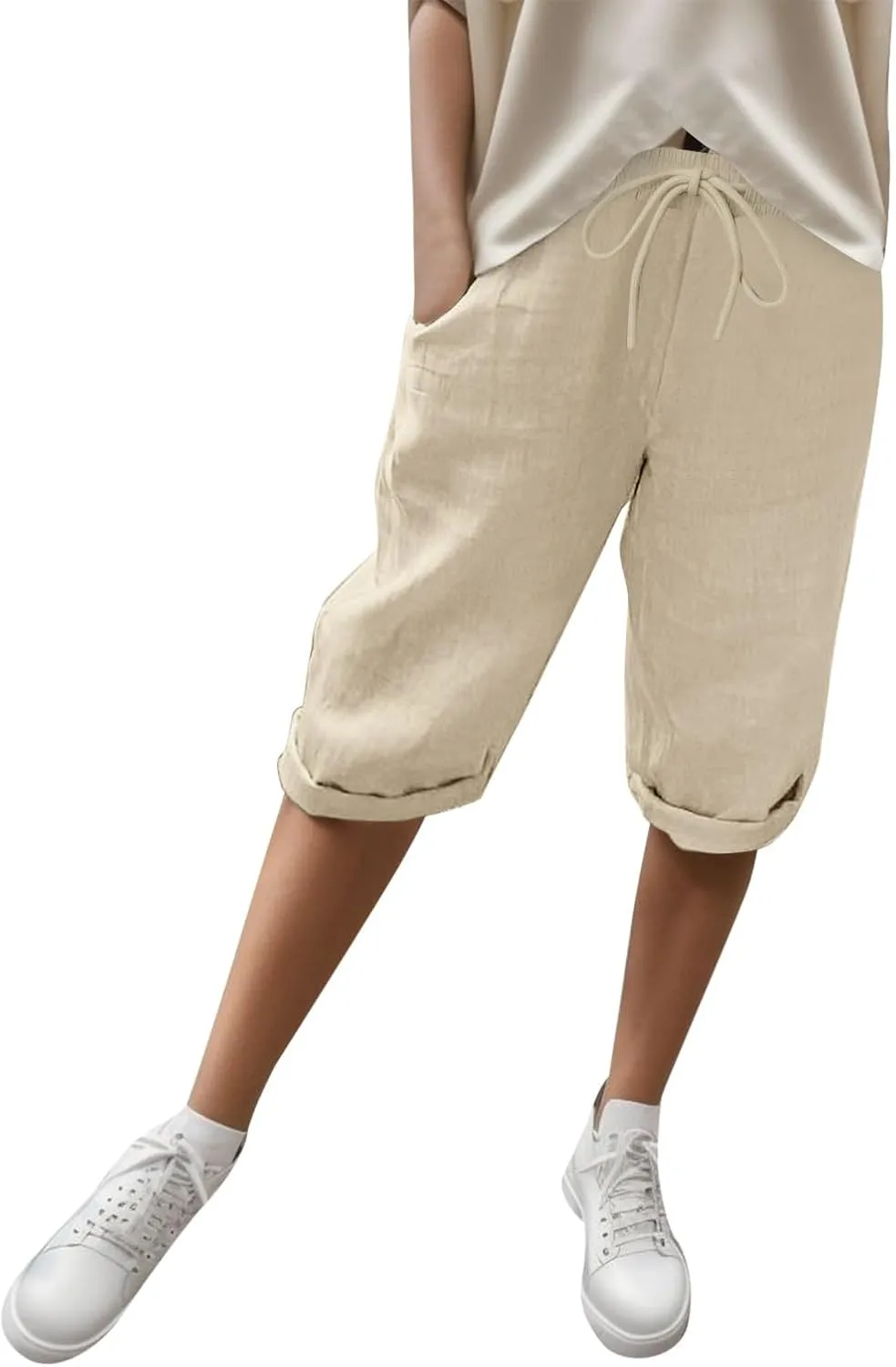 Women's Cotton Linen Bermuda Shorts,Linen Shorts for Women Knee Length Shorts Elastic Waist Summer Casual Shorts