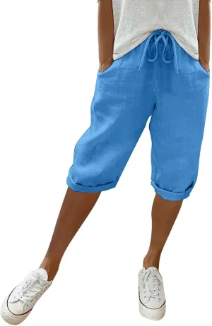 Women's Cotton Linen Bermuda Shorts,Linen Shorts for Women Knee Length Shorts Elastic Waist Summer Casual Shorts