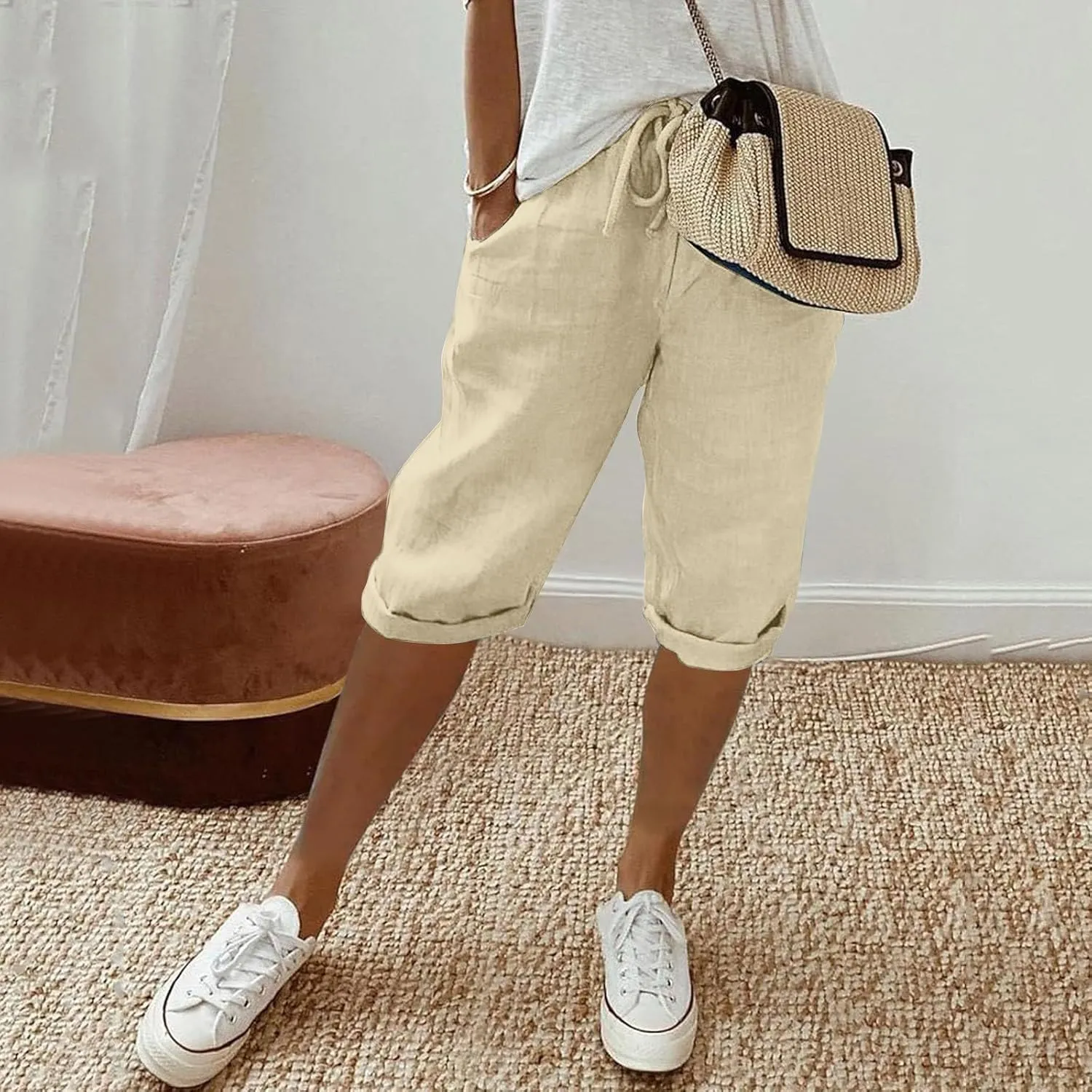 Women's Cotton Linen Bermuda Shorts,Linen Shorts for Women Knee Length Shorts Elastic Waist Summer Casual Shorts