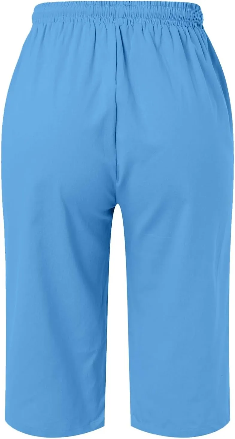 Women's Cotton Linen Bermuda Shorts,Linen Shorts for Women Knee Length Shorts Elastic Waist Summer Casual Shorts