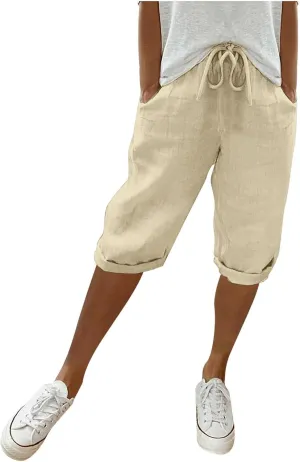 Women's Cotton Linen Bermuda Shorts,Linen Shorts for Women Knee Length Shorts Elastic Waist Summer Casual Shorts
