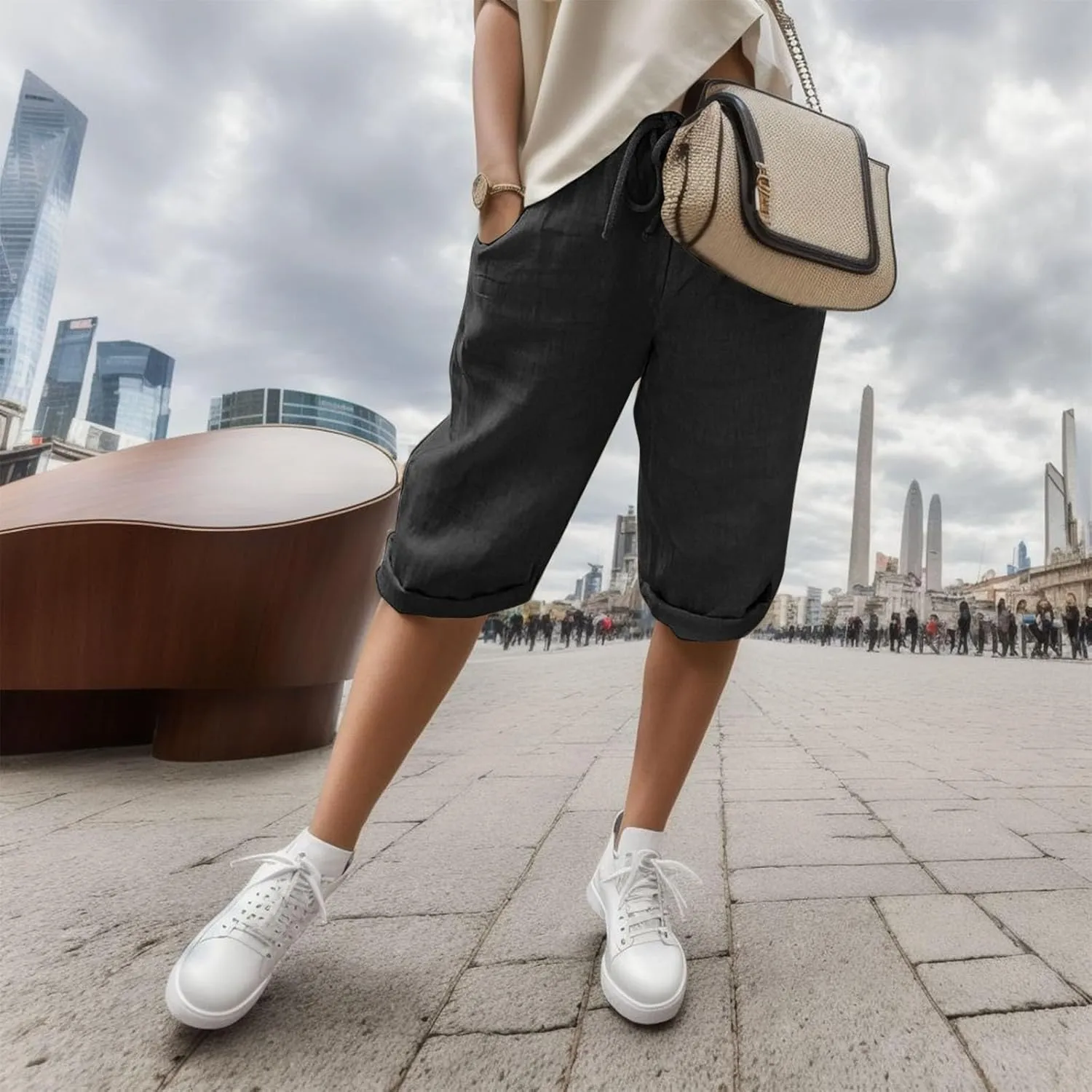 Women's Cotton Linen Bermuda Shorts,Linen Shorts for Women Knee Length Shorts Elastic Waist Summer Casual Shorts