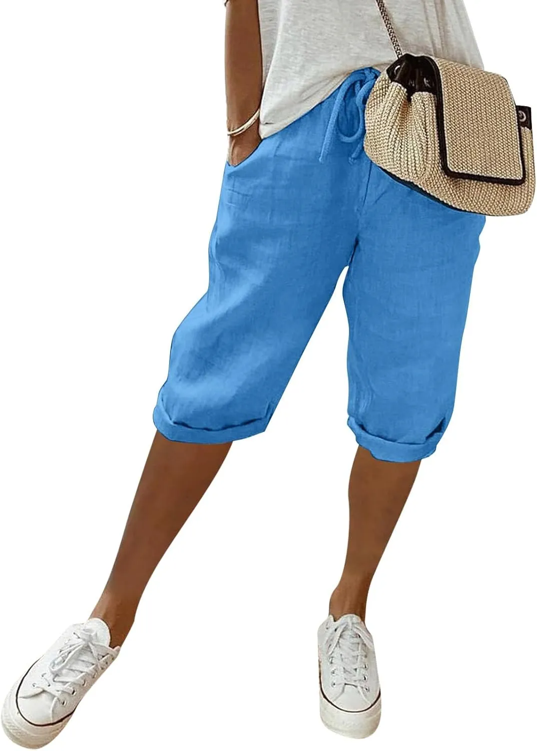 Women's Cotton Linen Bermuda Shorts,Linen Shorts for Women Knee Length Shorts Elastic Waist Summer Casual Shorts