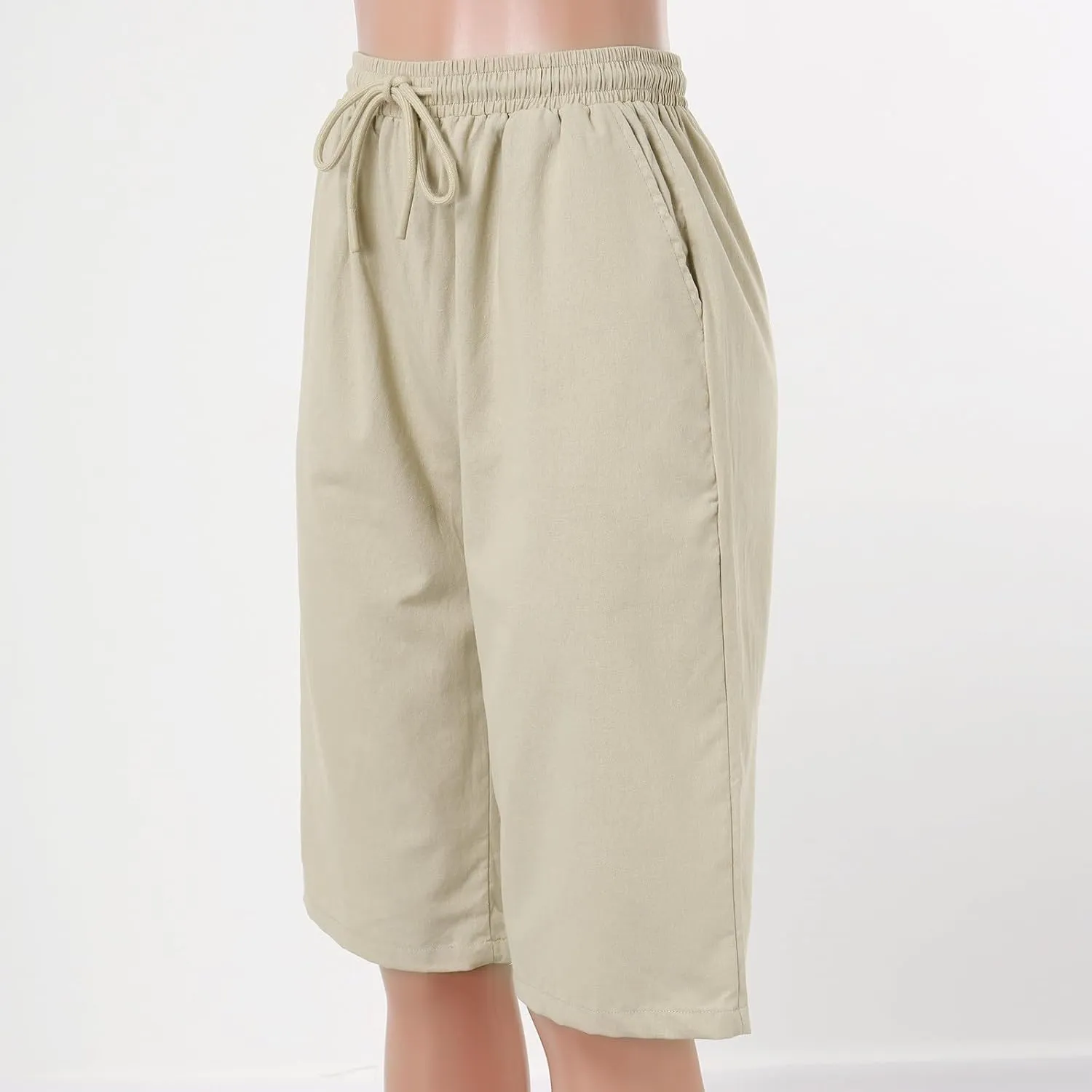 Women's Cotton Linen Bermuda Shorts,Linen Shorts for Women Knee Length Shorts Elastic Waist Summer Casual Shorts