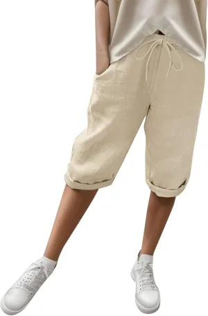 Women's Cotton Linen Bermuda Shorts,Linen Shorts for Women Knee Length Shorts Elastic Waist Summer Casual Shorts
