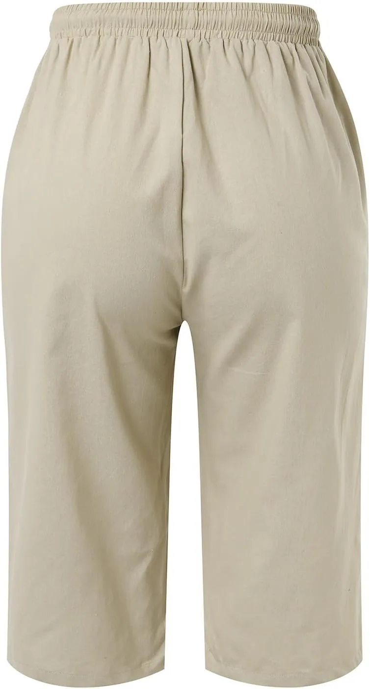 Women's Cotton Linen Bermuda Shorts,Linen Shorts for Women Knee Length Shorts Elastic Waist Summer Casual Shorts