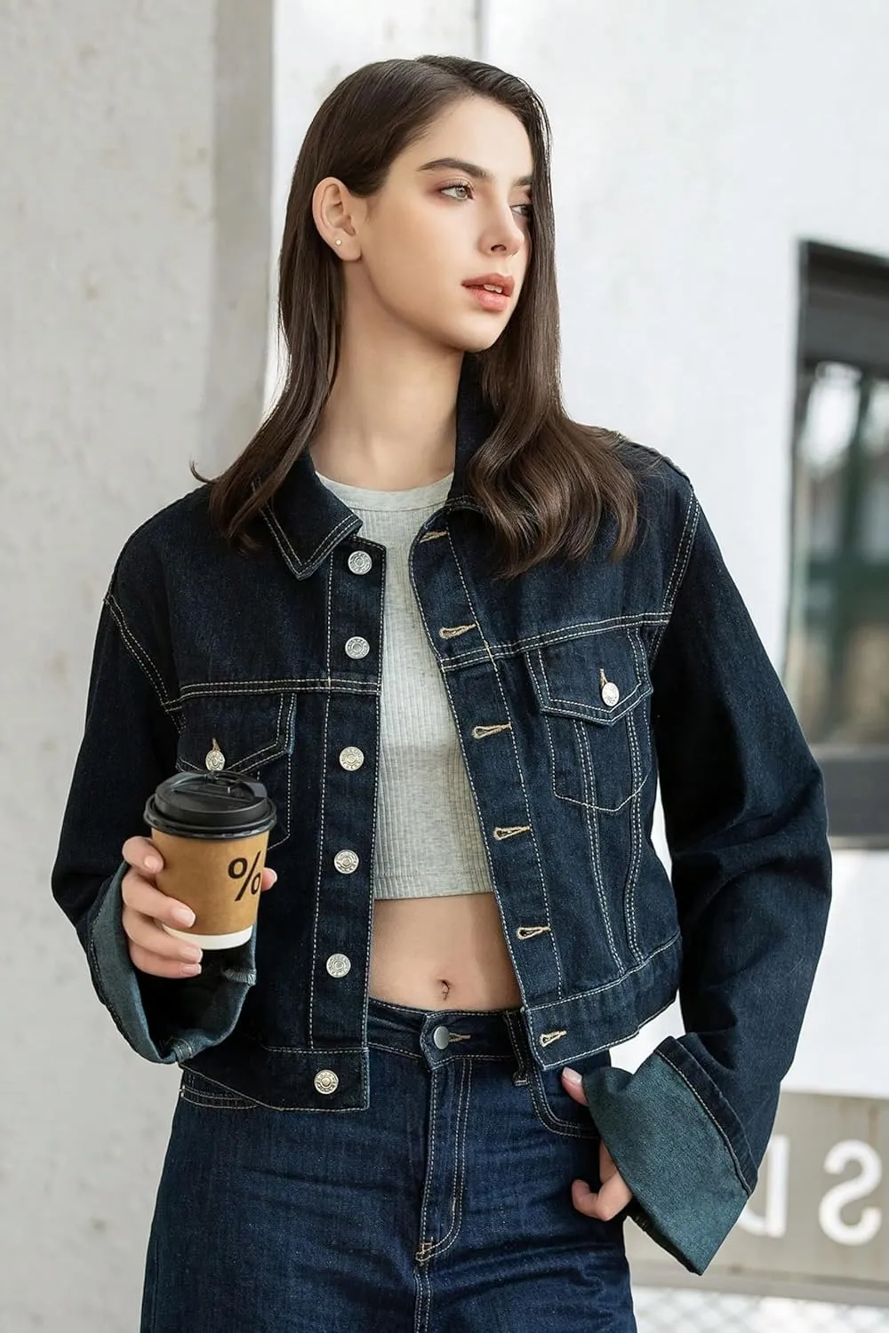 Women's Cropped Denim Jacket Button Up Long Sleeve Turn-Up Cuff Jean Jacket Women Coat