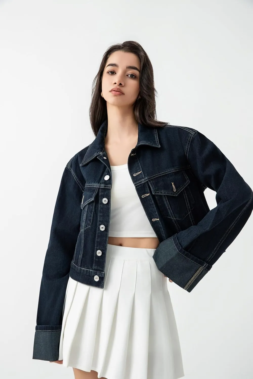 Women's Cropped Denim Jacket Button Up Long Sleeve Turn-Up Cuff Jean Jacket Women Coat
