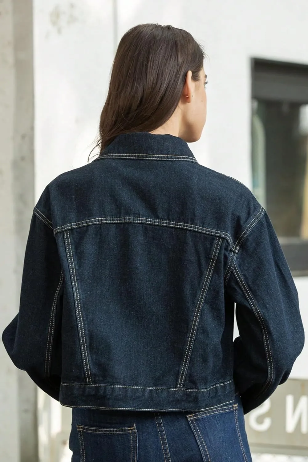 Women's Cropped Denim Jacket Button Up Long Sleeve Turn-Up Cuff Jean Jacket Women Coat