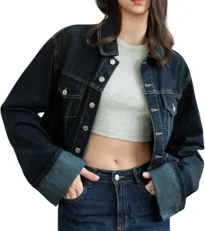 Women's Cropped Denim Jacket Button Up Long Sleeve Turn-Up Cuff Jean Jacket Women Coat