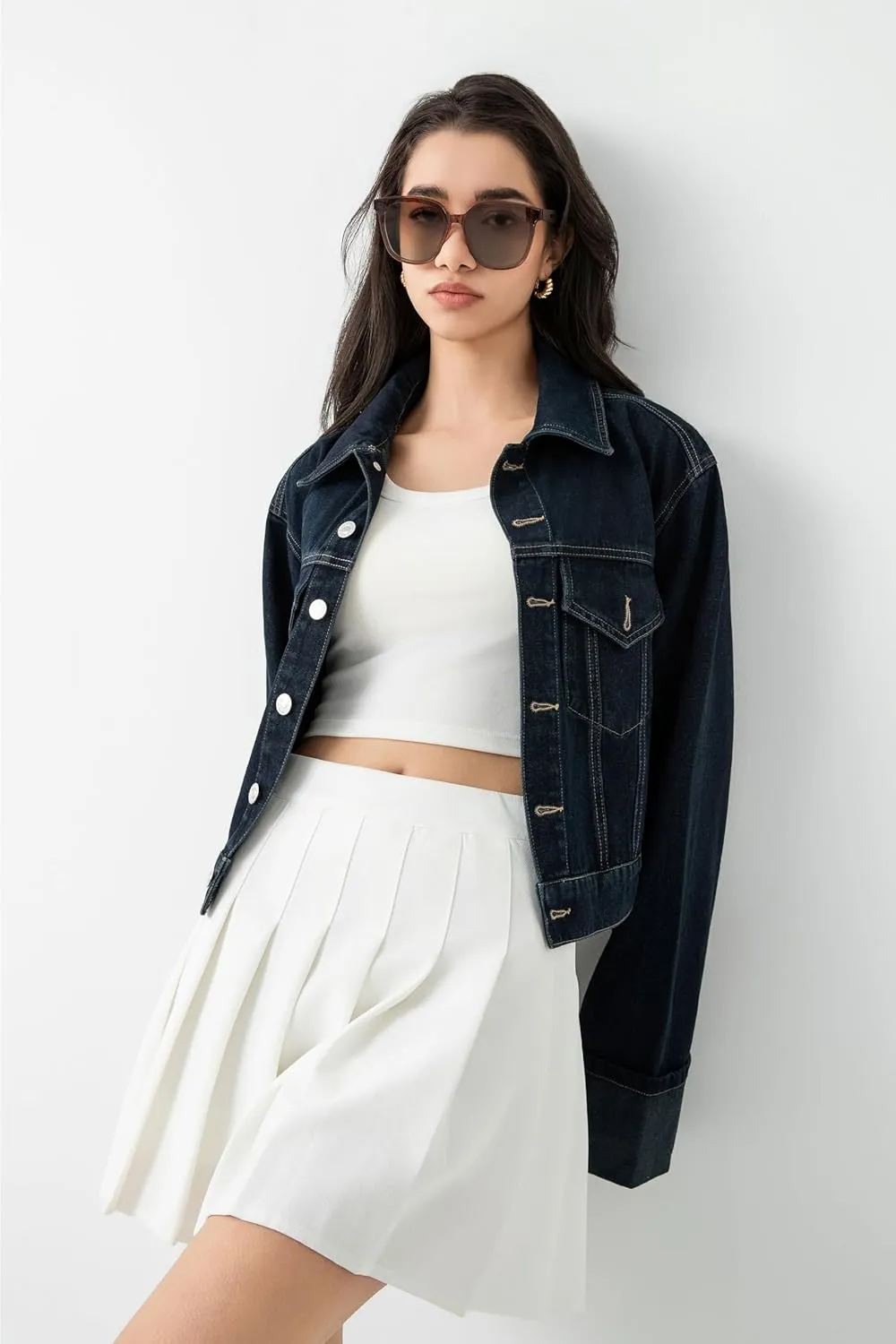 Women's Cropped Denim Jacket Button Up Long Sleeve Turn-Up Cuff Jean Jacket Women Coat