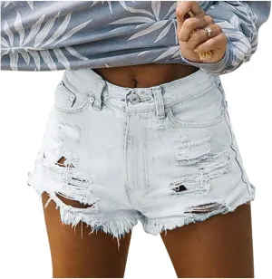 Women's Denim Shorts Fashionable High Waisted Stretchy Mom Jean Shorts Plain Color Frayed Hem Hot Shorts