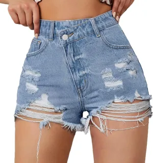 Womens Denim Shorts High Rise Ripped Hole Stretchable Vintage Jeans Shorts Plain Color Trendy Frayed Hem Hot Shorts