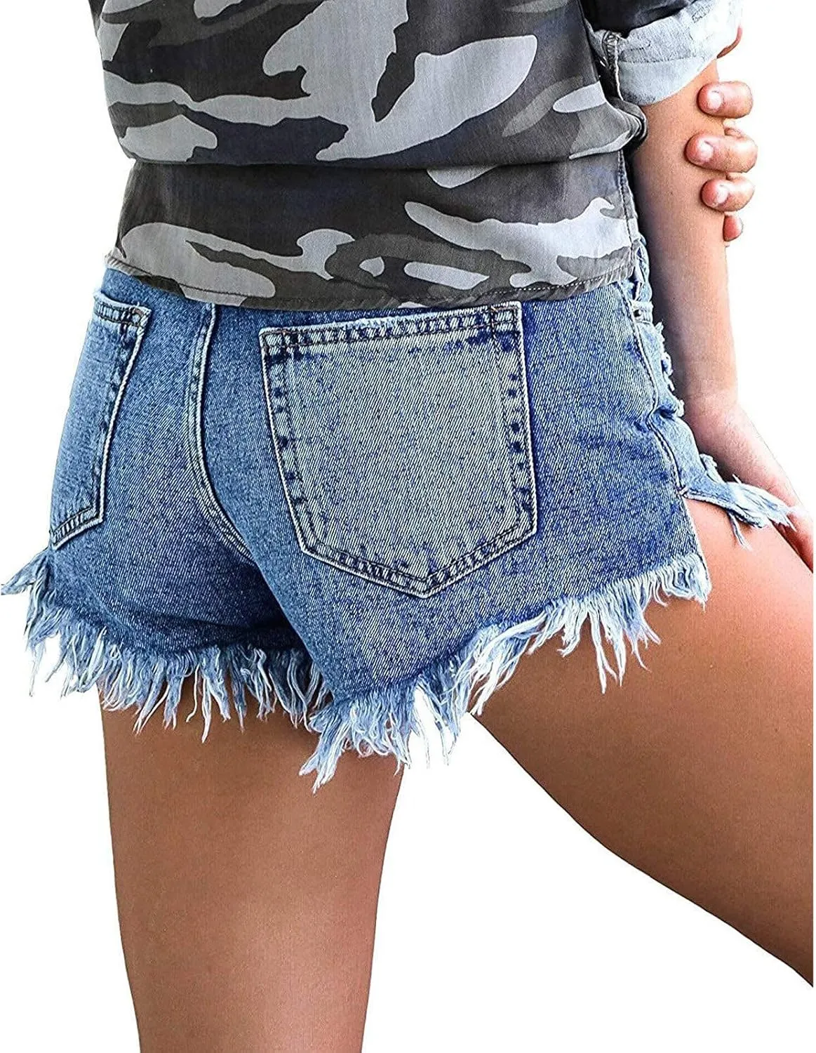 Women's Denim Shorts High Waist Ripped Stretch Distressed Jeans Shorts Plain Color Trendy Frayed Hem Slim Shorts