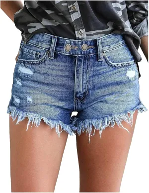 Women's Denim Shorts High Waist Ripped Stretch Distressed Jeans Shorts Plain Color Trendy Frayed Hem Slim Shorts