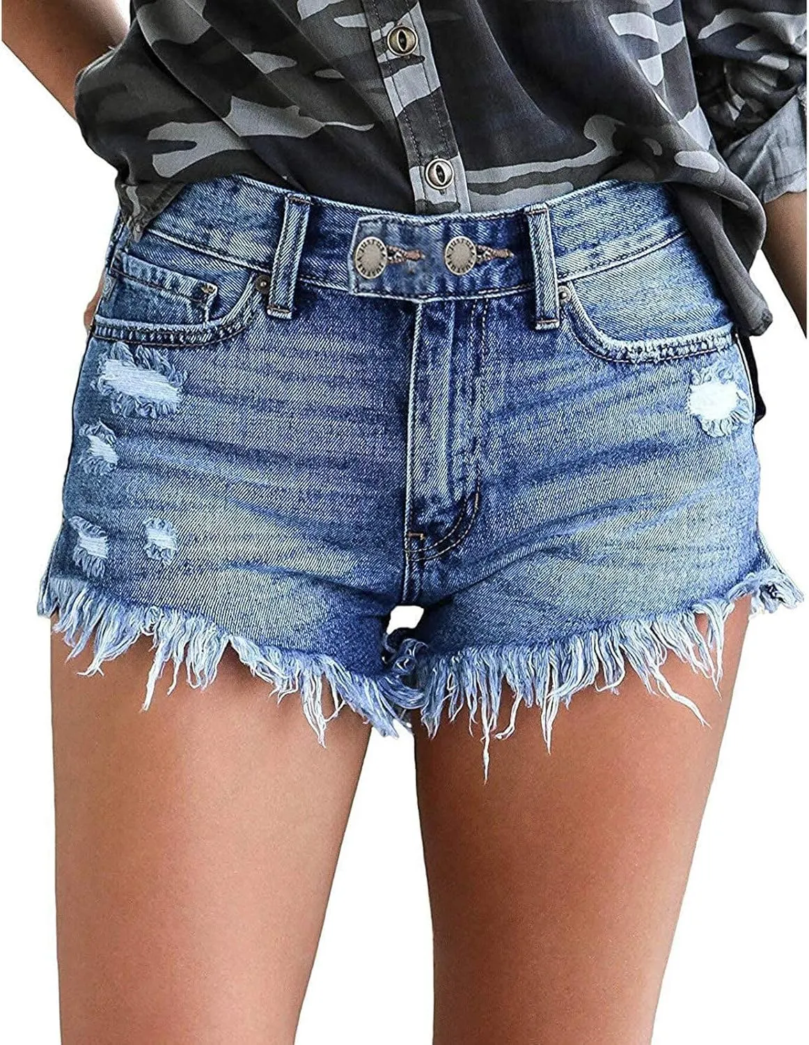 Women's Denim Shorts High Waist Ripped Stretch Distressed Jeans Shorts Plain Color Trendy Frayed Hem Slim Shorts