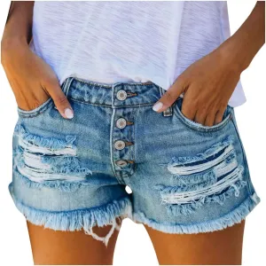 Women's Denim Shorts High Waist Ripped Stretch Distressed Jeans Shorts Plain Color Trendy Frayed Hem Slim Shorts