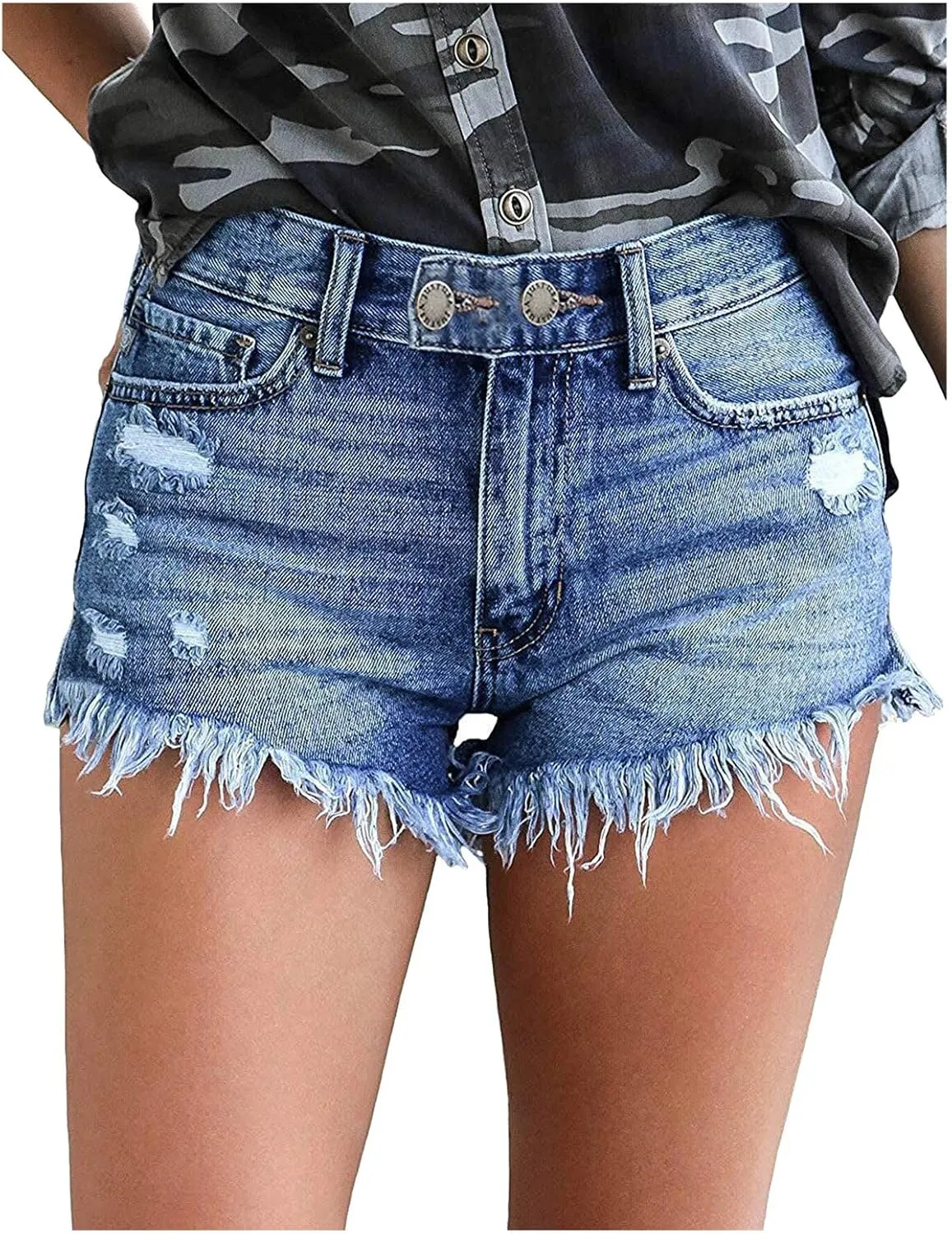 Women's Denim Shorts High Waist Ripped Stretch Distressed Jeans Shorts Plain Color Trendy Frayed Hem Slim Shorts