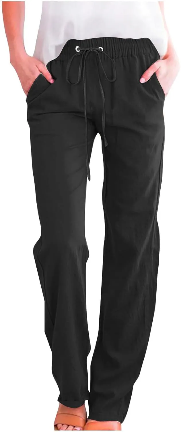 Womens Drawstring Linen Pants High Waisted Elastic Waist Pants Lightweight Straight Leg Lounge Pants Summer Pants