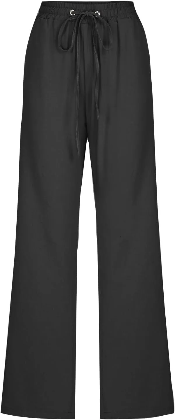 Womens Drawstring Linen Pants High Waisted Elastic Waist Pants Lightweight Straight Leg Lounge Pants Summer Pants
