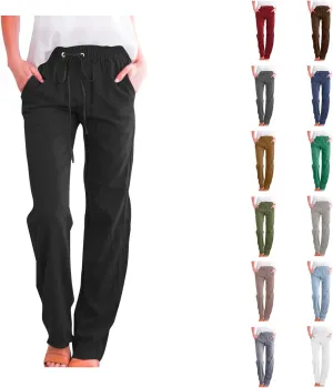 Womens Drawstring Linen Pants High Waisted Elastic Waist Pants Lightweight Straight Leg Lounge Pants Summer Pants