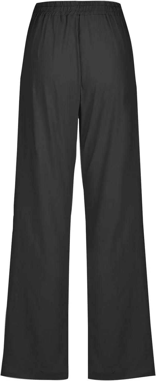 Womens Drawstring Linen Pants High Waisted Elastic Waist Pants Lightweight Straight Leg Lounge Pants Summer Pants